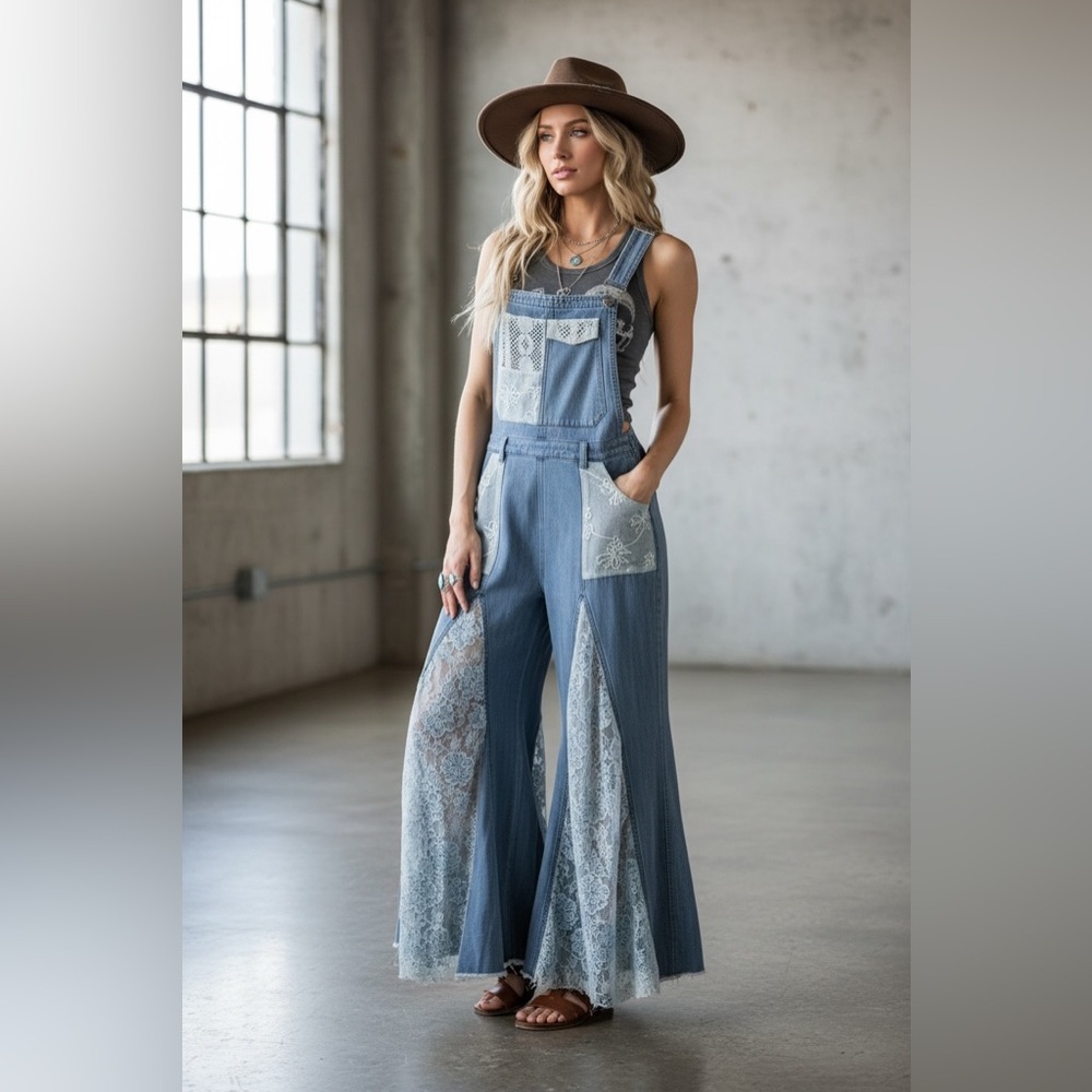 NWT Ultra Wide Leg Flare Lace Panel Patchwork Denim Jean Overalls Jumpsuit - Picture 5 of 7
